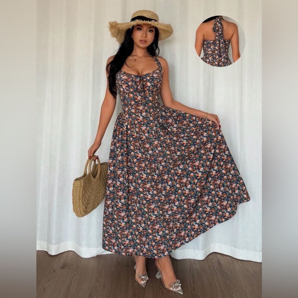 SHEIN Navy Floral Tie-Front Maxi Dress with Coral Accents